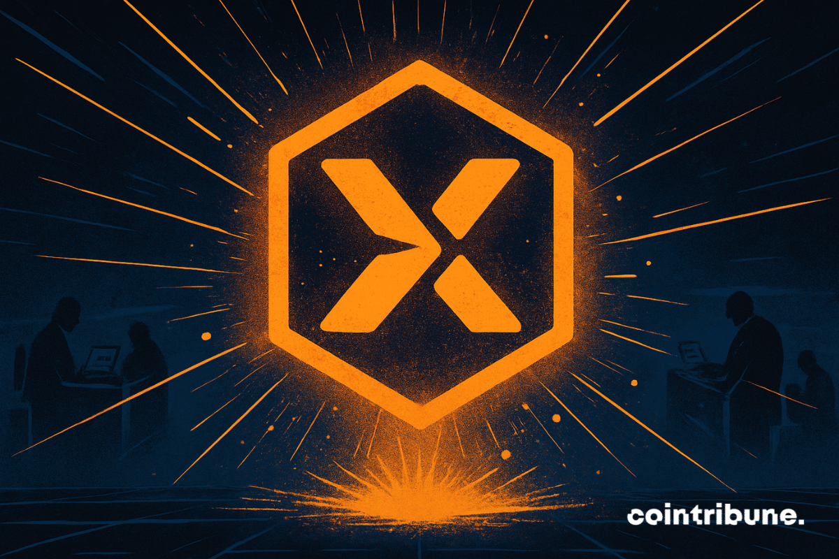 Un jeune trader crypto se tient dans un espace futuriste abstrait, comme une grande plateforme flottante. Il observe, ébloui, un hologramme DEX de StandX orange éclatant qui flotte juste au-dessus de ses mains.