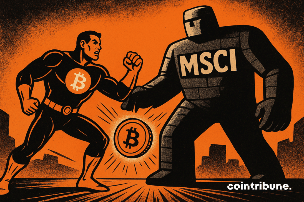 Une scène de style bande dessinée montre un héros musclé portant le symbole Bitcoin face à un géant de pierre étiqueté « MSCI » dans une atmosphère orange dramatique.