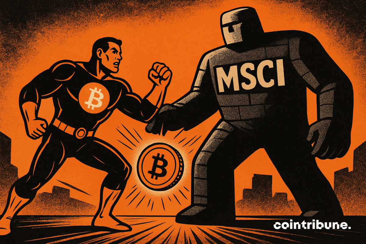 Une scène de style bande dessinée montre un héros musclé portant le symbole Bitcoin face à un géant de pierre étiqueté « MSCI » dans une atmosphère orange dramatique.