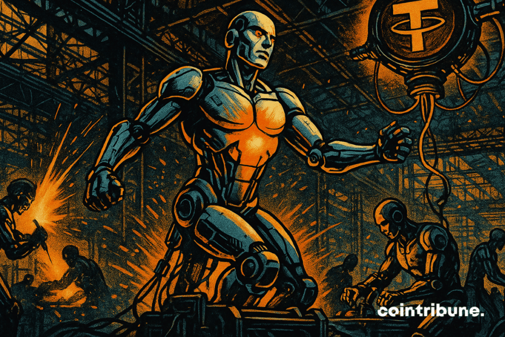 Un robot humanoide se activa en una fábrica concurrida, impulsado por Tether en un estilo cómico dramático.