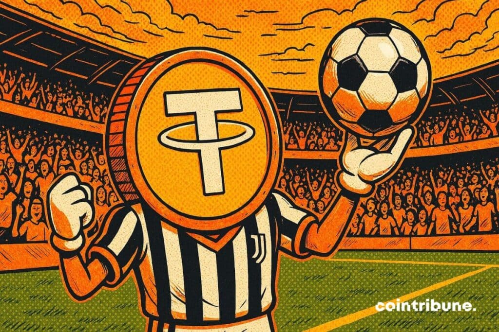 Tether sous forme de joueur de football de la Juventus avec un ballon de foot dans un stade.