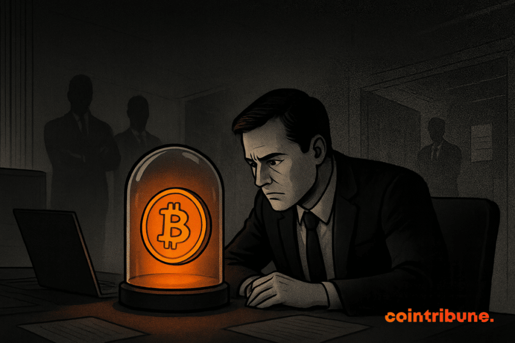 Un analyste en costume observe un jeton crypto orange lumineux sous une cloche de verre posée sur son bureau, tandis que des silhouettes sombres se détachent en arrière-plan dans un bureau austère.