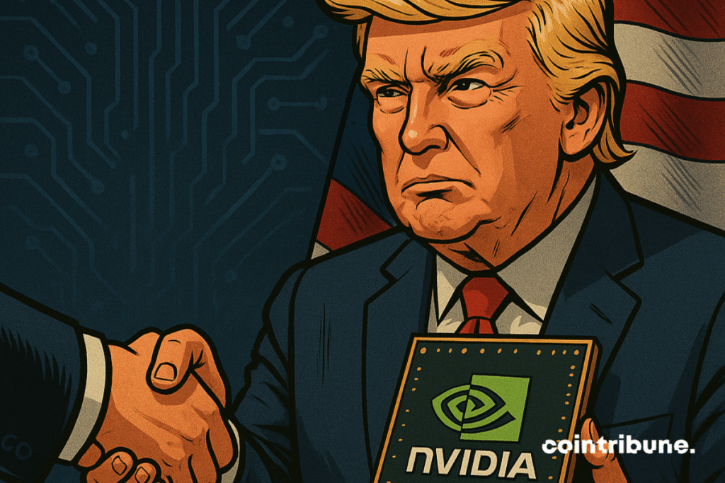 Trump estrecha la mano de un aliado, sosteniendo un chip Nvidia, con un fondo de la bandera estadounidense y circuitos digitales.