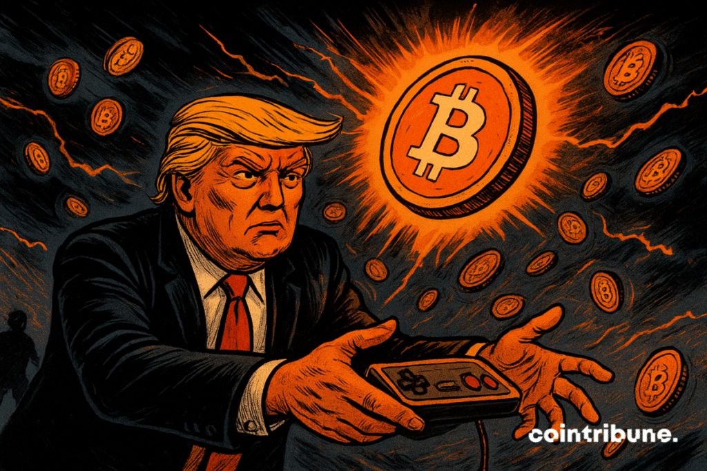 A ilustração mostra um homem parecido com Trump segurando um controle de videogame enquanto um grande token Bitcoin laranja flutua à sua frente em meio a uma tempestade de moedas giratórias.