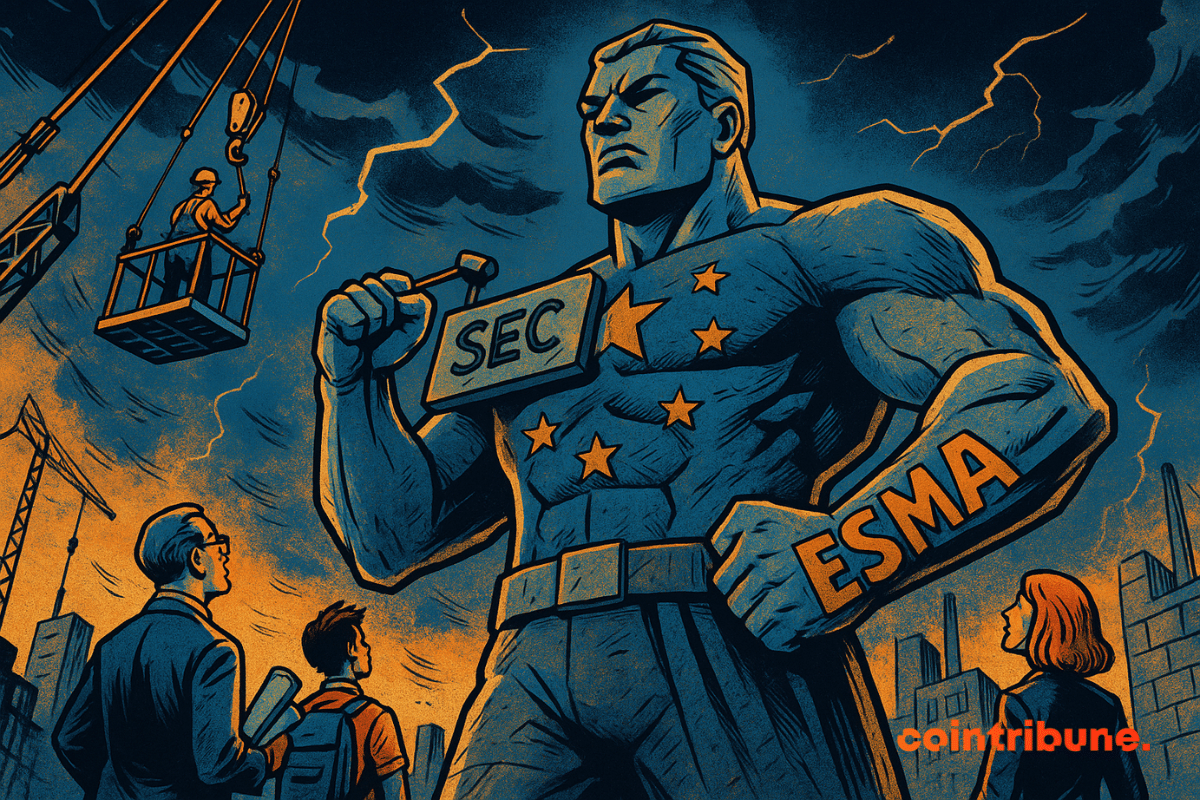 Un colosse européen en construction, symbolisant l’ESMA, domine une ville sous tension, observé par des citoyens inquiets.