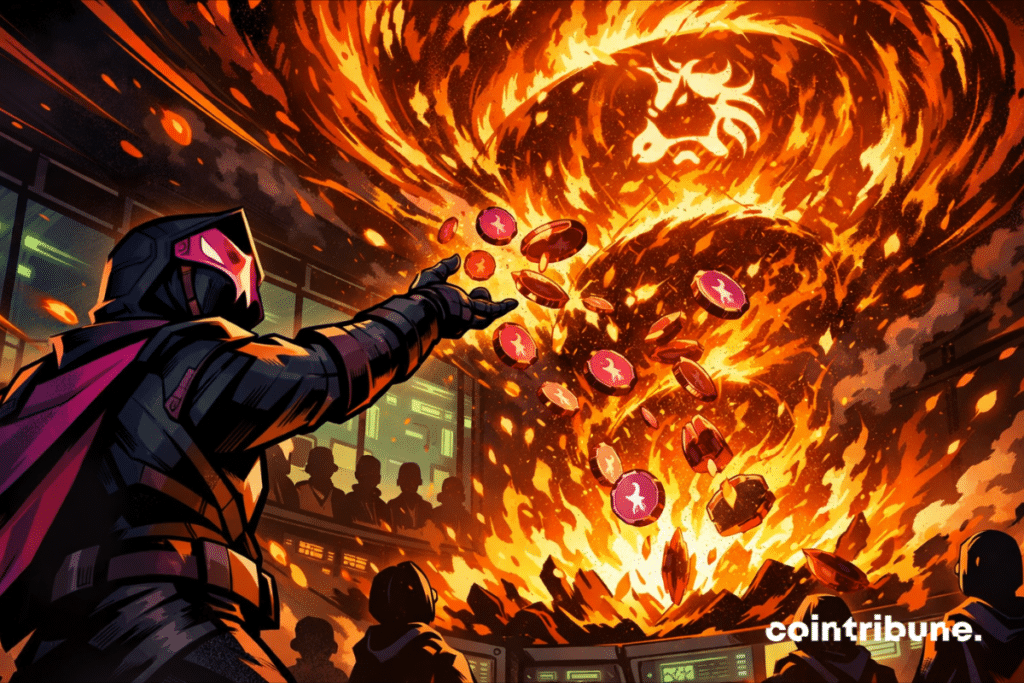 Masked figure throws UNI tokens into flaming vortex as observers watch in high-tech control room.