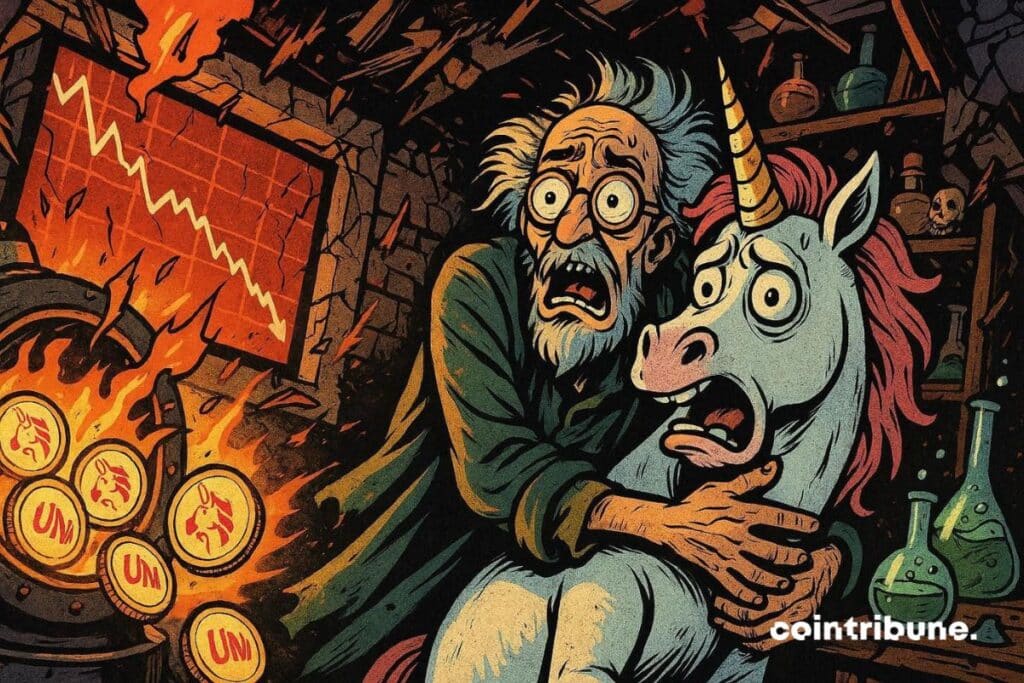 A crypto alchemist with a unicorn burning Uniswap (UNI) tokens in a furnace.