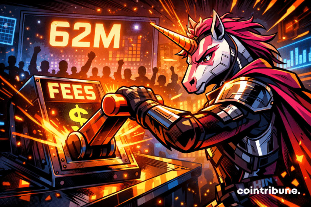 A determined unicorn activates a “FEES” lever, surrounded by bright lights and a digital crowd in turmoil.