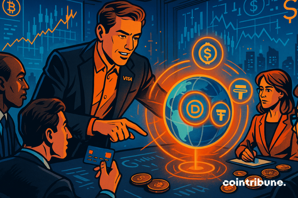 Un conseiller Visa présente une stratégie de stablecoin à des banquiers à l'aide d'un affichage holographique de cryptomonnaie.