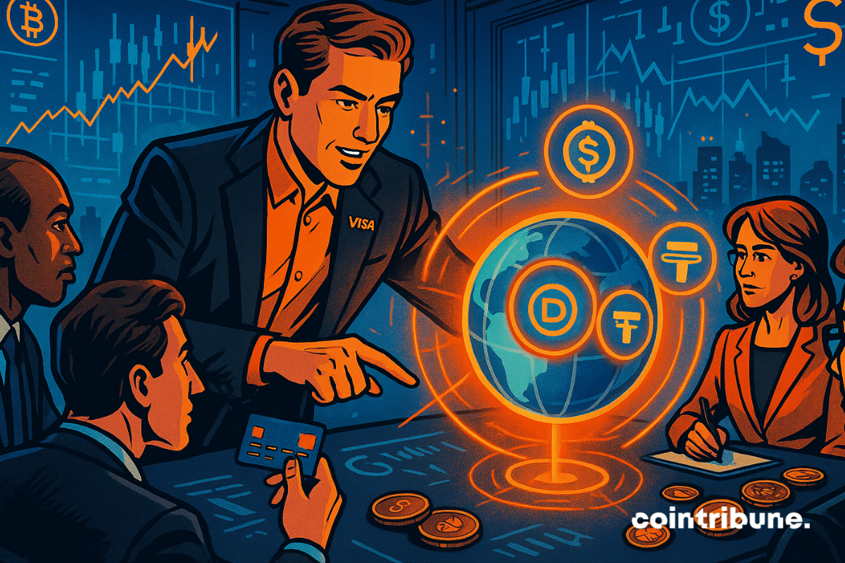 Un conseiller Visa présente une stratégie de stablecoin à des banquiers à l'aide d'un affichage holographique de cryptomonnaie.