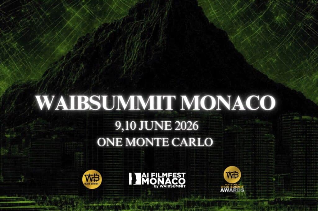 Dark green futuristic background with a mountain silhouette above Monaco's cityscape. Bold white text announces the WAIB Summit Monaco 2026 on June 9–10 at One Monte Carlo. Three logos at the bottom represent the summit, AI FilmFest Monaco, and the WAIB Summit Awards.
