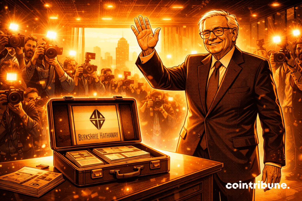 Dans une salle de conférence pleine, Buffett salue la foule en levant la main, une mallette à ses pieds.