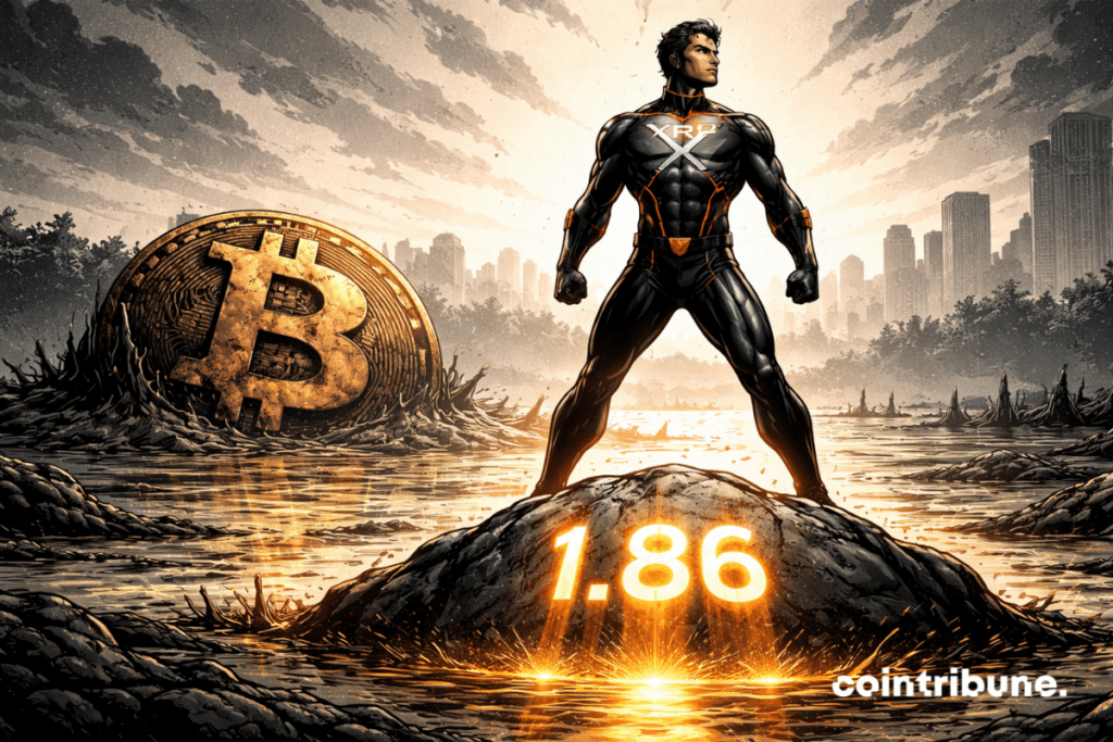 A comic-style hero symbolizing XRP stands firmly on a glowing rock marked 1.86, while a giant Bitcoin sinks motionless into a dark swamp beneath a shadowy city skyline.
