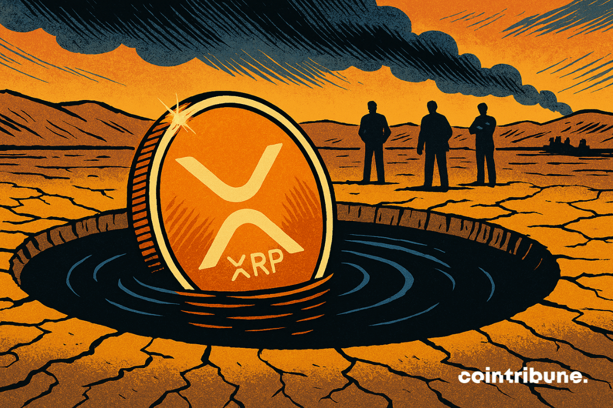 A XRP coin slowly sinks into quicksand or black liquid.