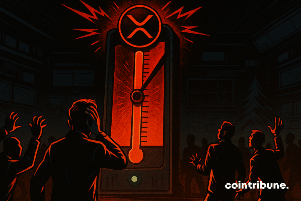The XRP logo is positioned at the top of a large industrial-style vertical gauge, resembling a thermometer. The needle is pushed to the extreme in the red zone, symbolizing the uncertainty driven by fear.