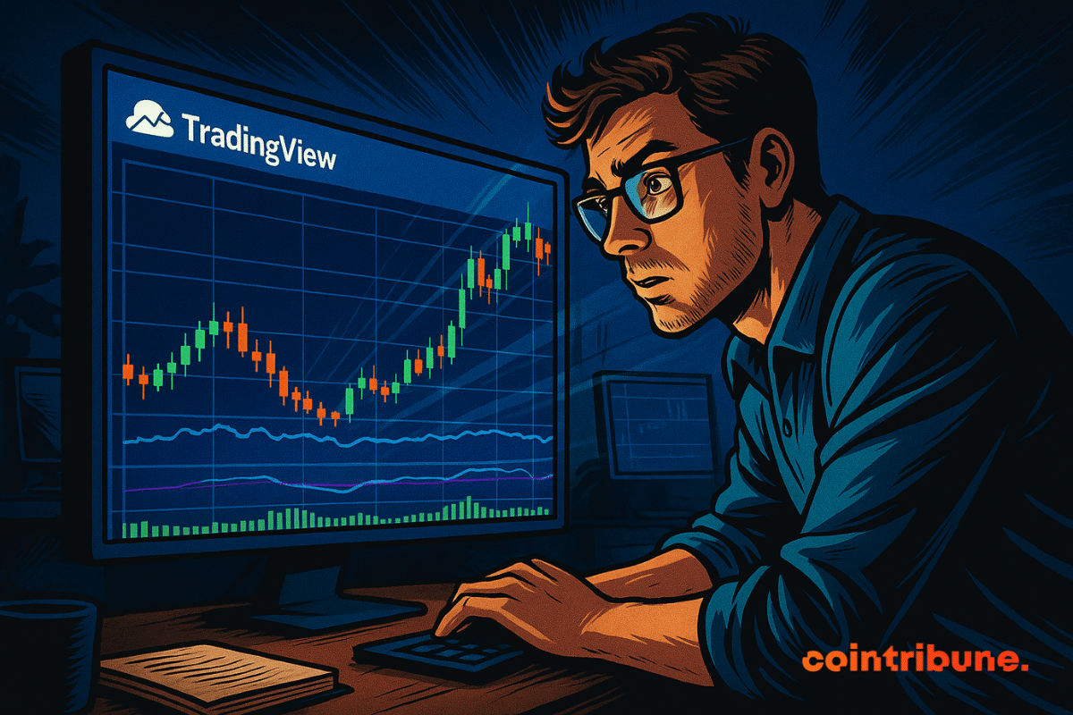 Un trader concentré observe un graphique en chandeliers japonais sur son écran TradingView, dans une ambiance nocturne.