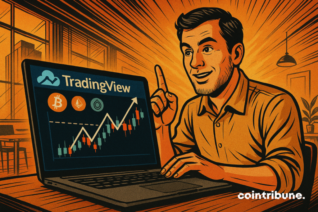 Un homme souriant devant son ordinateur portable affiche un graphique haussier sur TradingView avec des icônes de cryptomonnaies comme Bitcoin et Ethereum.