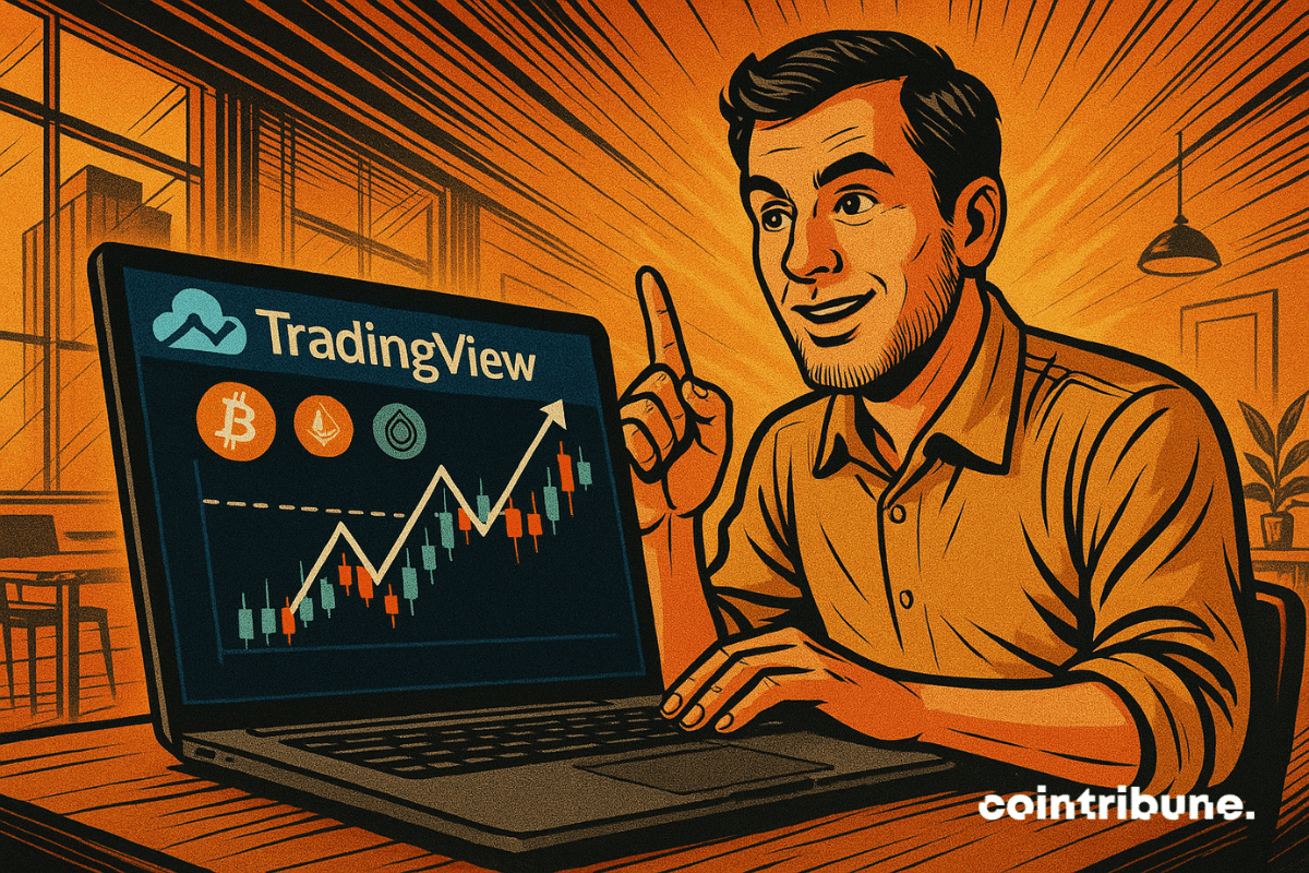 Un homme souriant devant son ordinateur portable affiche un graphique haussier sur TradingView avec des icônes de cryptomonnaies comme Bitcoin et Ethereum.