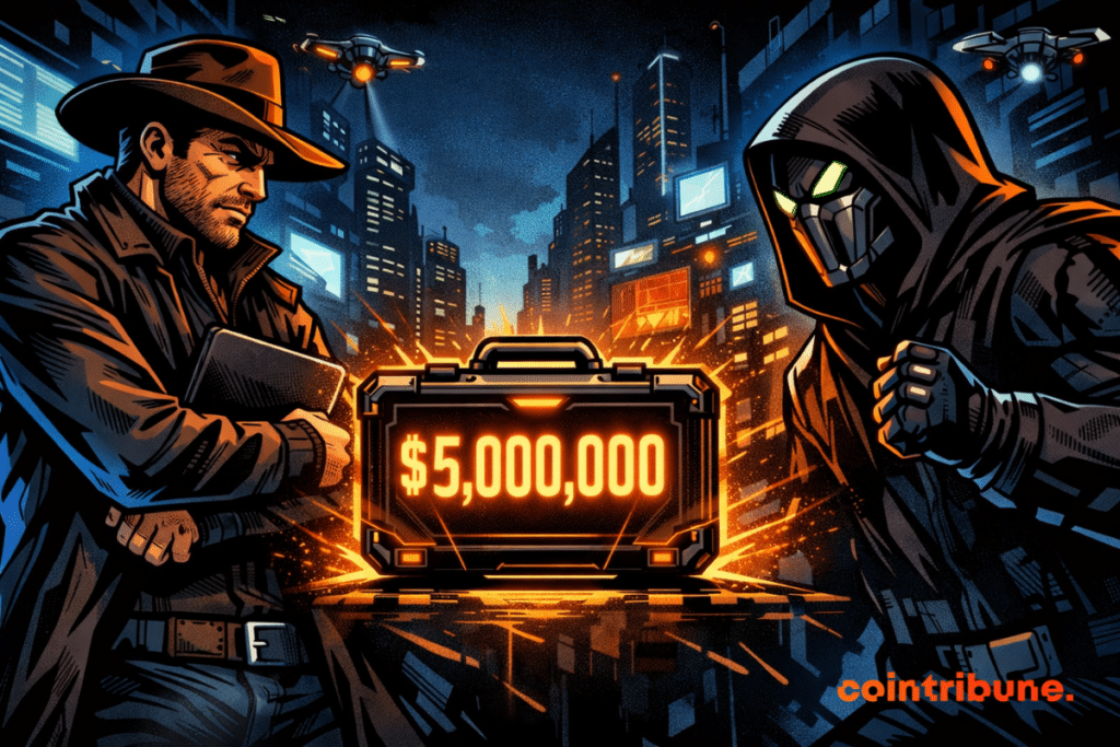 Face-à-face dans un décor cyberpunk entre un détective en imperméable tenant un carnet et un hacker masqué en capuche. Une mallette lumineuse au centre affiche "5,000,000 $". Des drones survolent une ville futuriste. Logo de Cointribune en bas à droite.