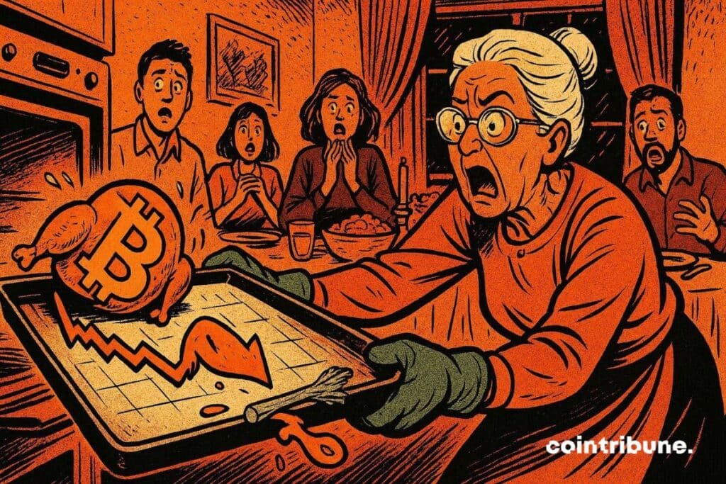 A grandmother takes bitcoin out of the oven and it falls below a declining chart.