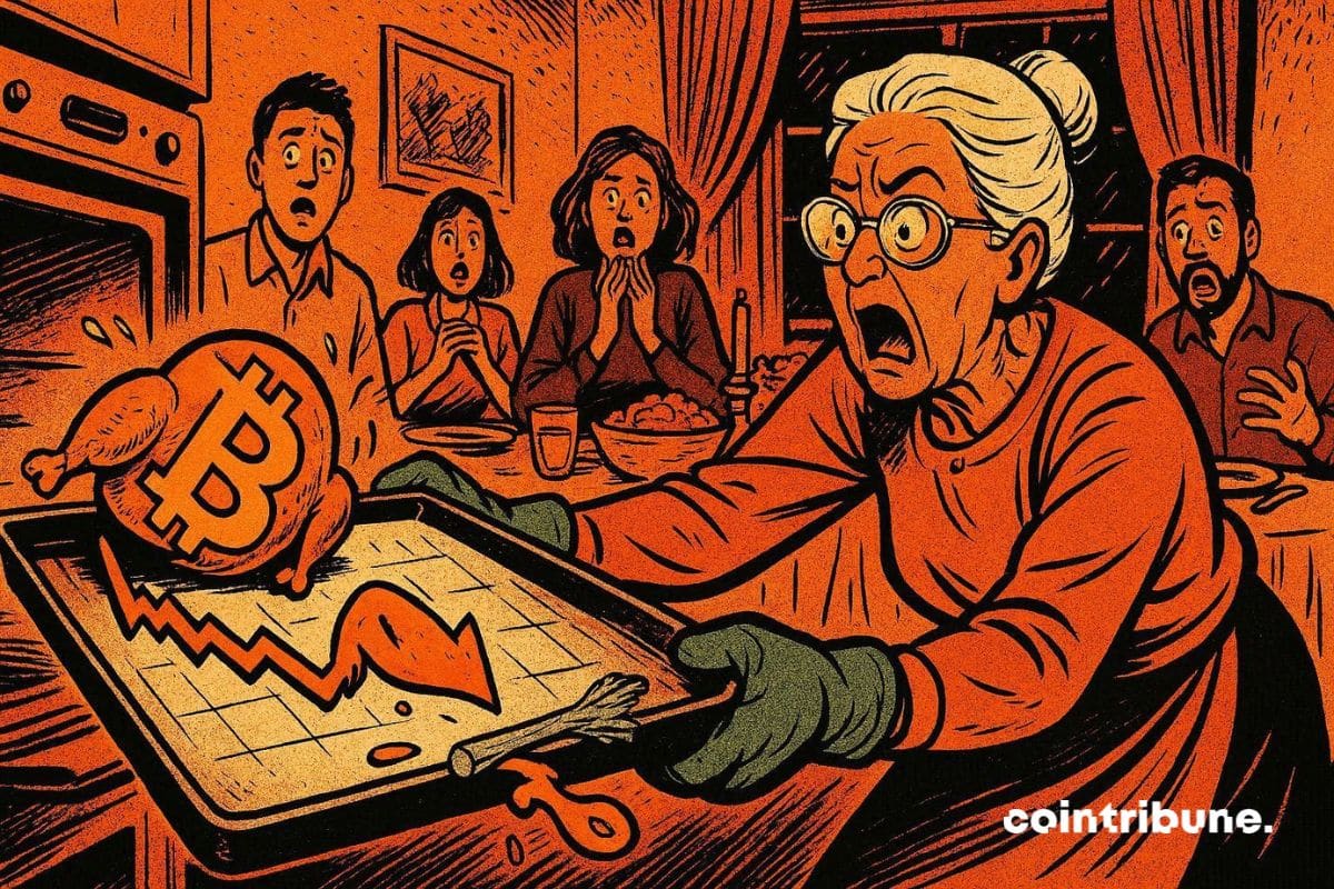 Una abuela saca un bitcoin del horno y éste cae por debajo de un gráfico en descenso.