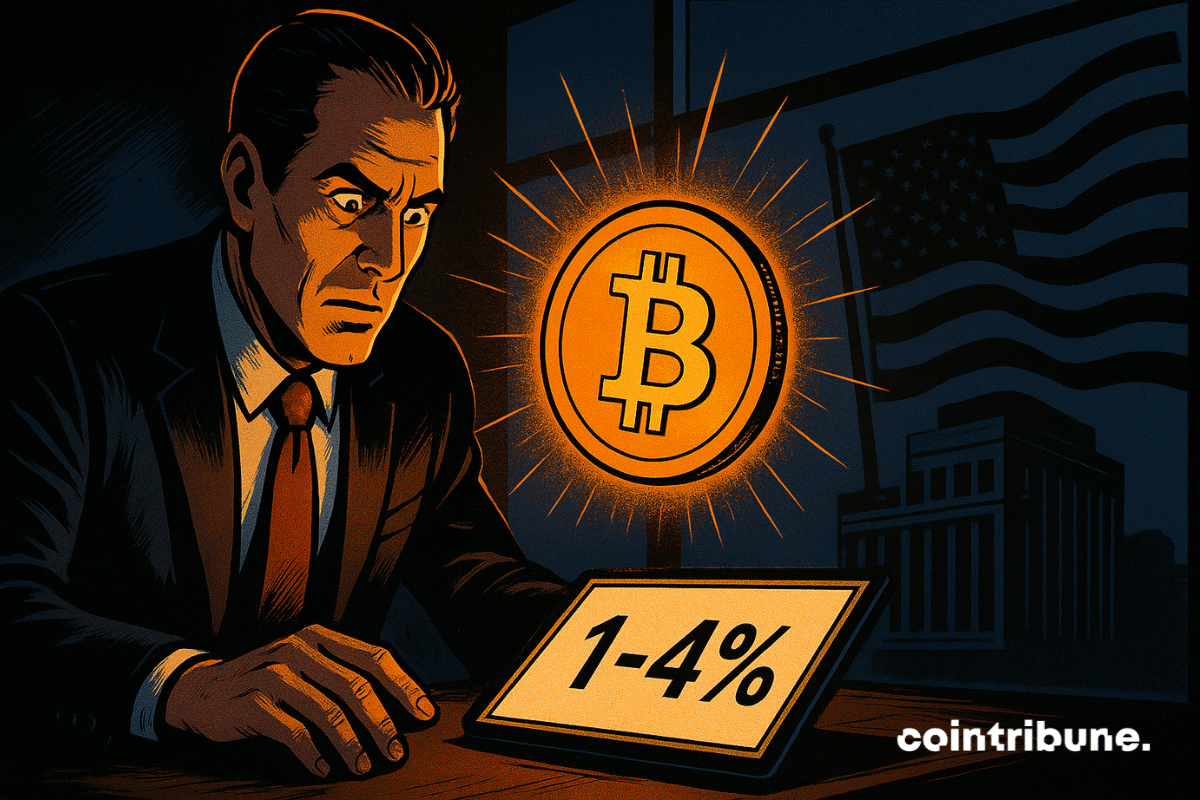 Un conseiller financier stupéfait observe un Bitcoin lumineux flottant devant une tablette affichant 1–4 %, dans un style comics rétro.