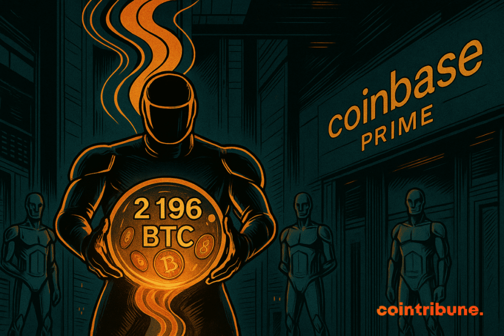 A futuristic figure transfers bitcoins into a Coinbase Prime bunker