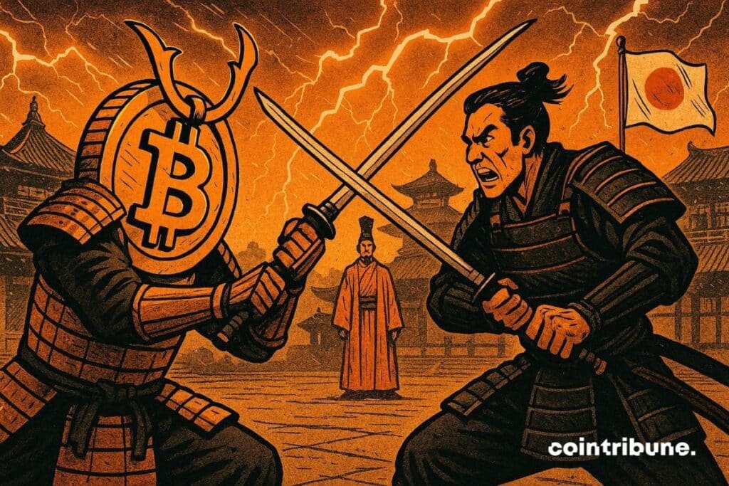 Bitcoin fighting against a samurai who represents rising interest rates in Japan.