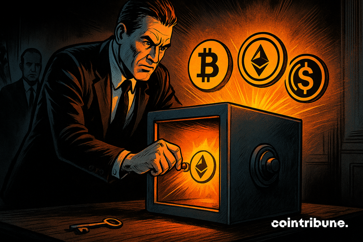 Homme de CFTC déterminé ouvrant un coffre lumineux révélant symboles crypto, dont Bitcoin et Ether, ambiance gouvernementale sombre, style comics 70s, contrastes orange et noirs puissants.