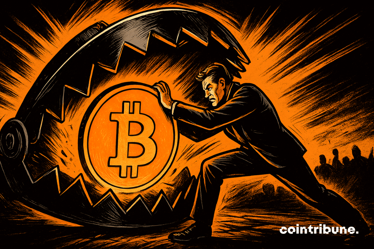 Héros déterminé retenant un piège métallique géant se refermant sur un Bitcoin lumineux, style comics 70s, tension dramatique orange et noir.