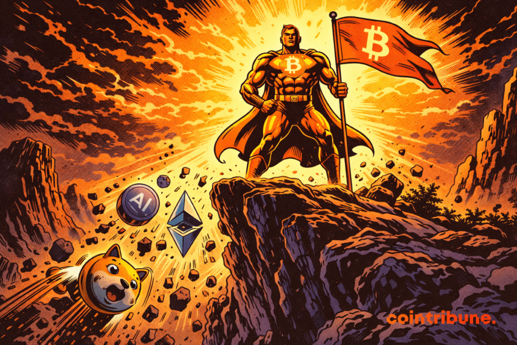 Ilustración de estilo cómic de los años 70: Una figura heroica de Bitcoin se yergue en un acantilado bajo una luz brillante, mientras Ethereum, Dogecoin y otras altcoins caen dramáticamente en la oscuridad. Fuerte contraste en naranja, negro y blanco.