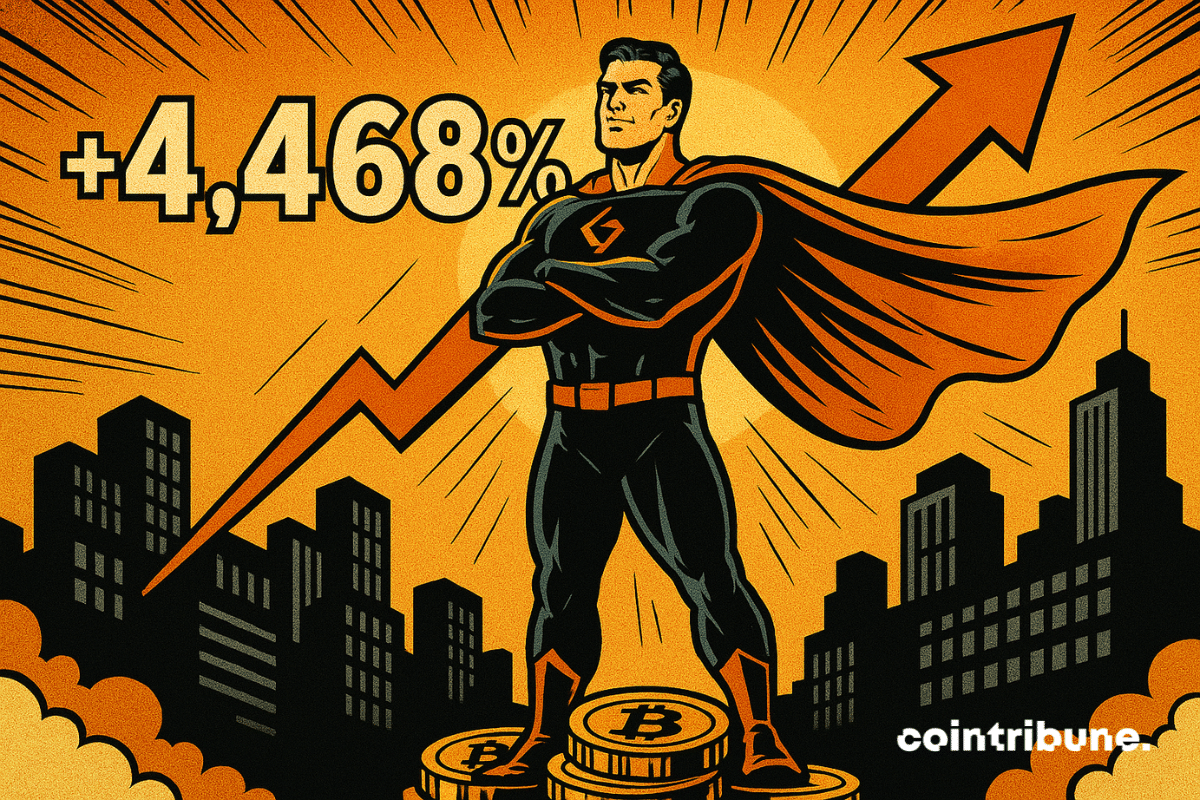 Un superhéroe con capa naranja y traje oscuro se muestra confiado mientras está de pie sobre monedas de Bitcoin, con una gran flecha ascendente detrás de él y el texto "+4,468%" en el cielo anaranjado de fondo.