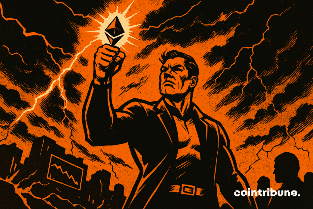 Héros brandissant Ethereum et défiant la tempête économique