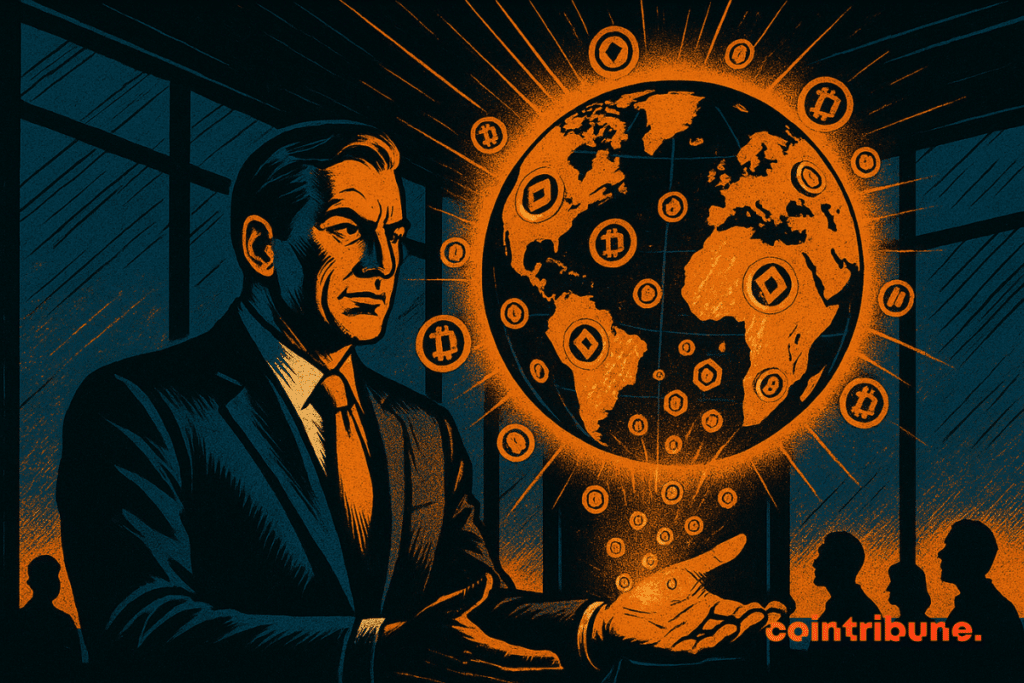 Un homme d'affaires brandit une Terre illuminée et tokenisée dans un paysage urbain futuriste, symbolisant la vision de BlackRock d'un marché mondial basé sur la blockchain. Style bande dessinée, inspiré des années 1970, avec un éclairage orange dynamique.