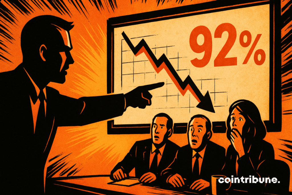 Cena tensa em sala de reuniões: um executivo do BNB aponta para uma queda de 92%, enquanto três colegas observam, chocados e preocupados.