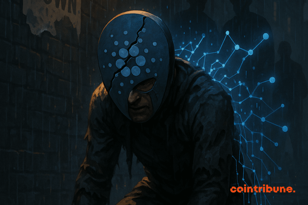 Un personnage agenouillé portant un masque fissuré avec le logo de Cardano, d’où émergent des lignes de données lumineuses, suggérant une force cachée malgré une apparente vulnérabilité.