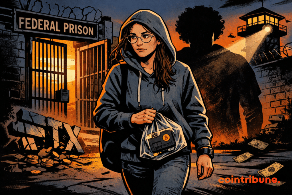 Ilustración estilo cómic de la década de 1970 que muestra a Caroline Ellison saliendo de una prisión federal al atardecer, llevando una bolsa con una billetera de criptomonedas, usando un monitor de tobillo y con una figura de sombra inminente que simboliza a Sam Bankman-Fried en el fondo.