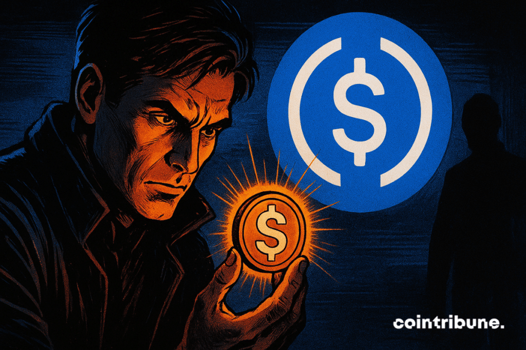Un utilisateur de Circle concentré tenant une pièce de stablecoin lumineuse, éclair orange dramatique, logo USDC en arrière-plan, ambiance secrète, style comics années 70.