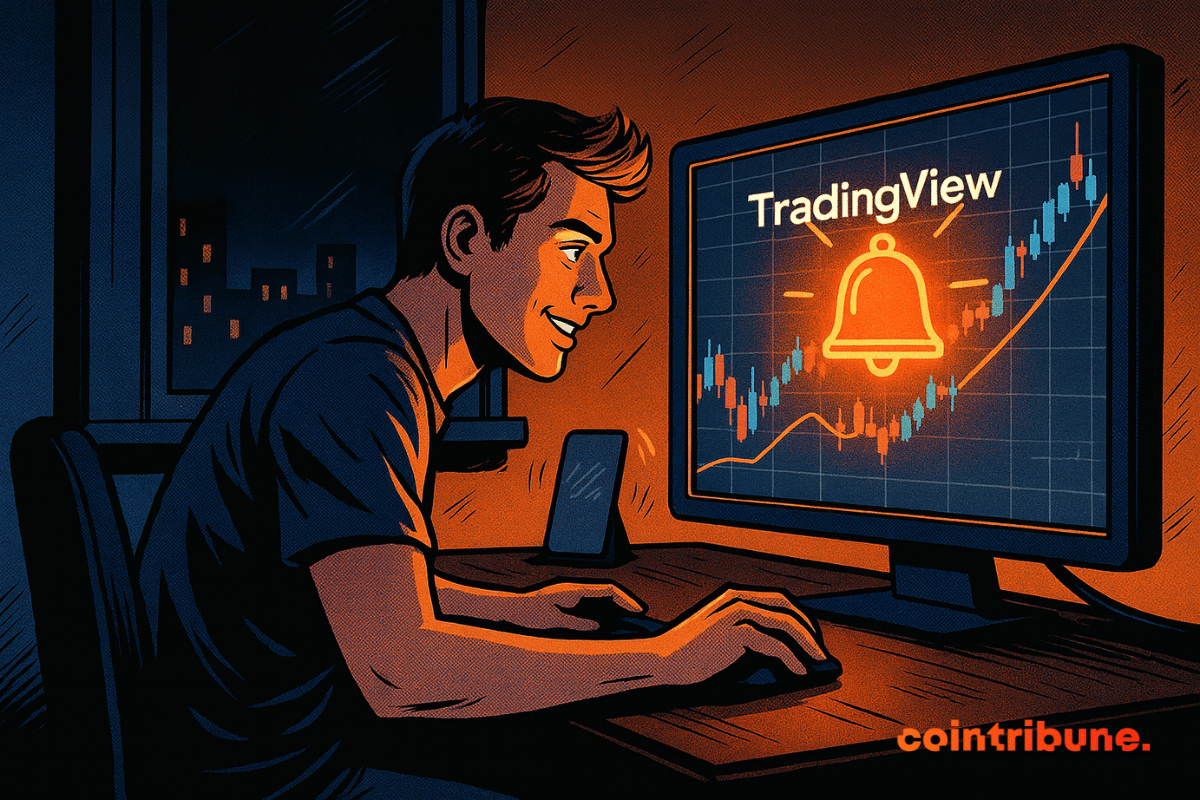 Un trader de nuit regarde son écran où le logo TradingView s'affiche avec une icône de cloche, devant un graphique haussier.