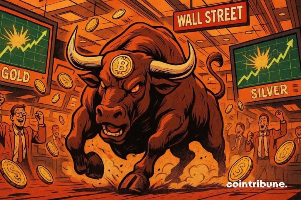 A bull is running at full speed down Wall Street, with gold and silver prices surging. He's holding a Bitcoin coin, signaling a crypto bull run.