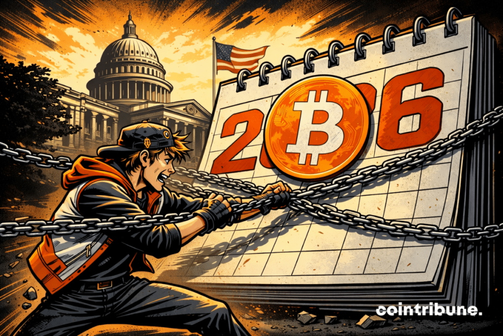 Un symbole crypto percute un mur 2026, bloqué par le Sénat américain, Capitole sombre, tension politique, style comics années 70.