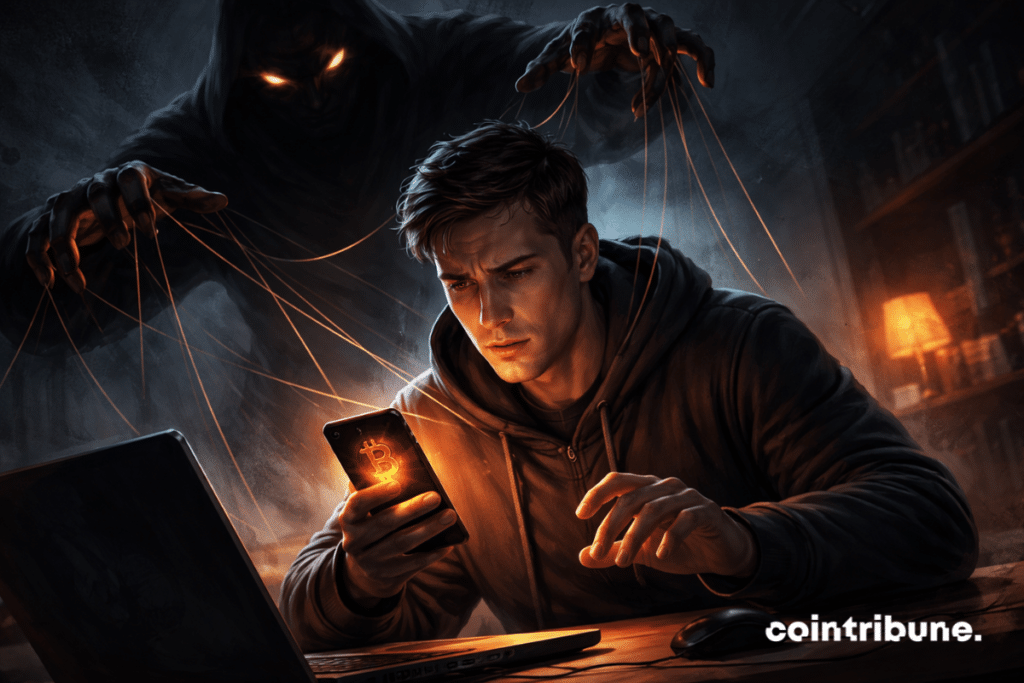 Un investisseur crypto inquiet regarde son smartphone orange, manipulé par une silhouette sombre tirant des fils invisibles au-dessus de lui.