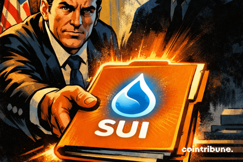 Un homme en costume tend un dossier orange lumineux marqué du logo SUI à une silhouette sombre représentant un régulateur américain, avec un drapeau des États-Unis en arrière-plan.