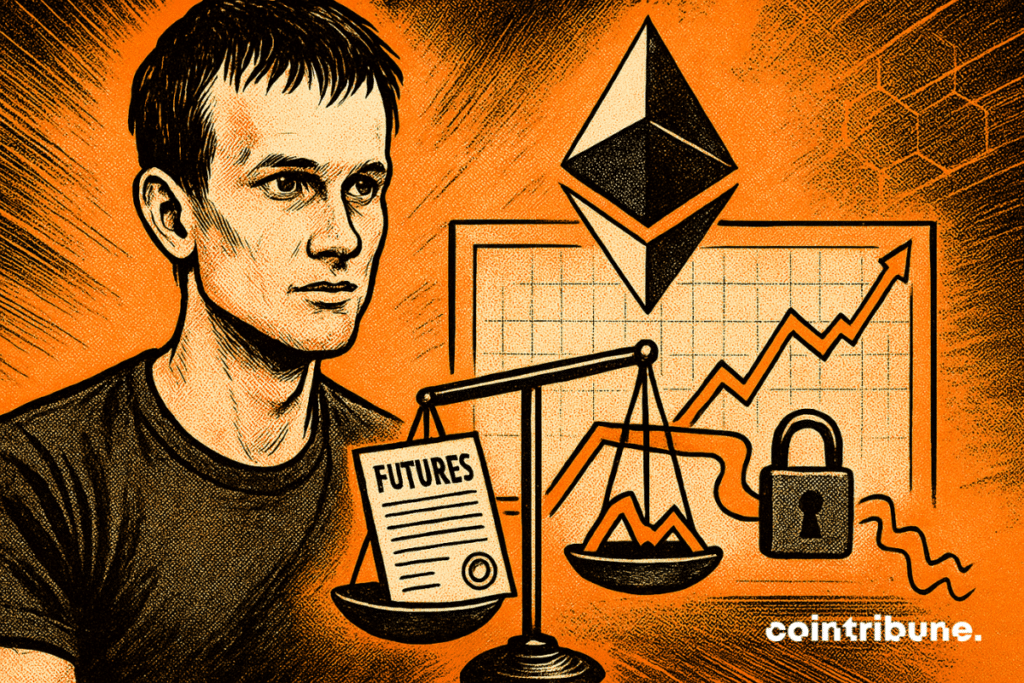 Illustration style comics 70s montrant Vitalik Buterin concentré, balance crypto, volatilité maîtrisée, symbole Ethereum et ambiance orange dynamique, contrastée et énergique.