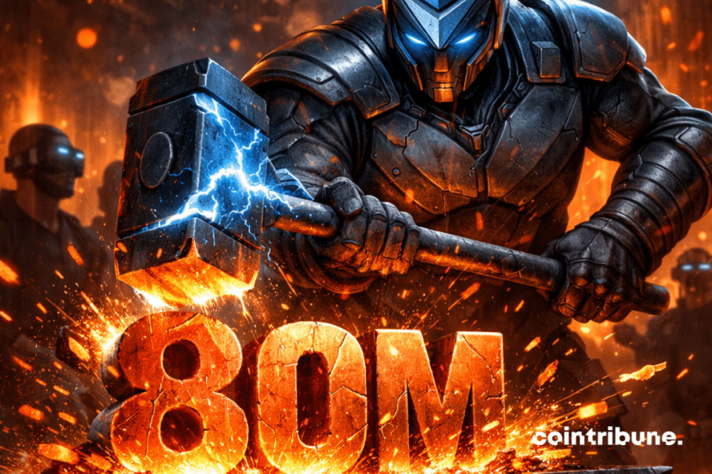 A cybernetic blacksmith striking a molten plate marked “80M” with an electric hammer, in a futuristic forge bathed in orange and blue glows, symbolizing the increase of the gas limit on Ethereum.