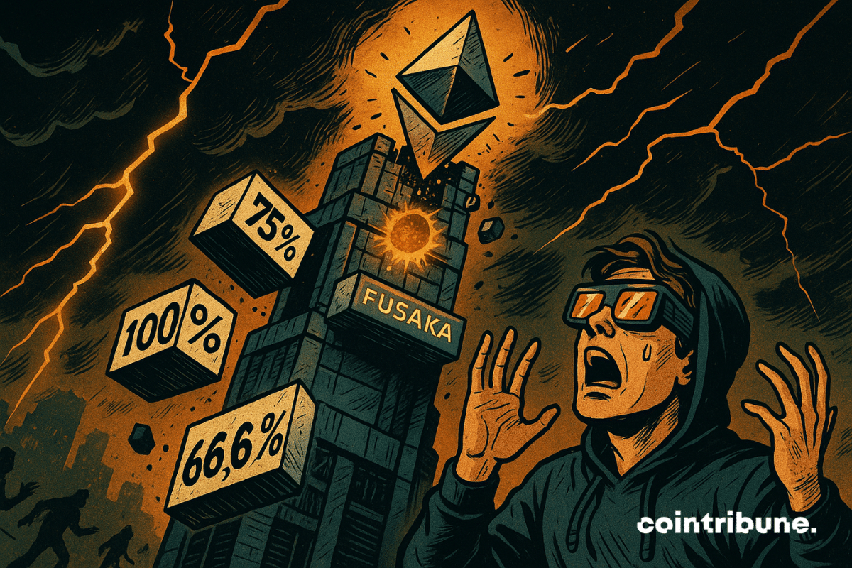 Une tour crypto Ethereum s’effondre, panique sous un ciel orageux apocalyptique