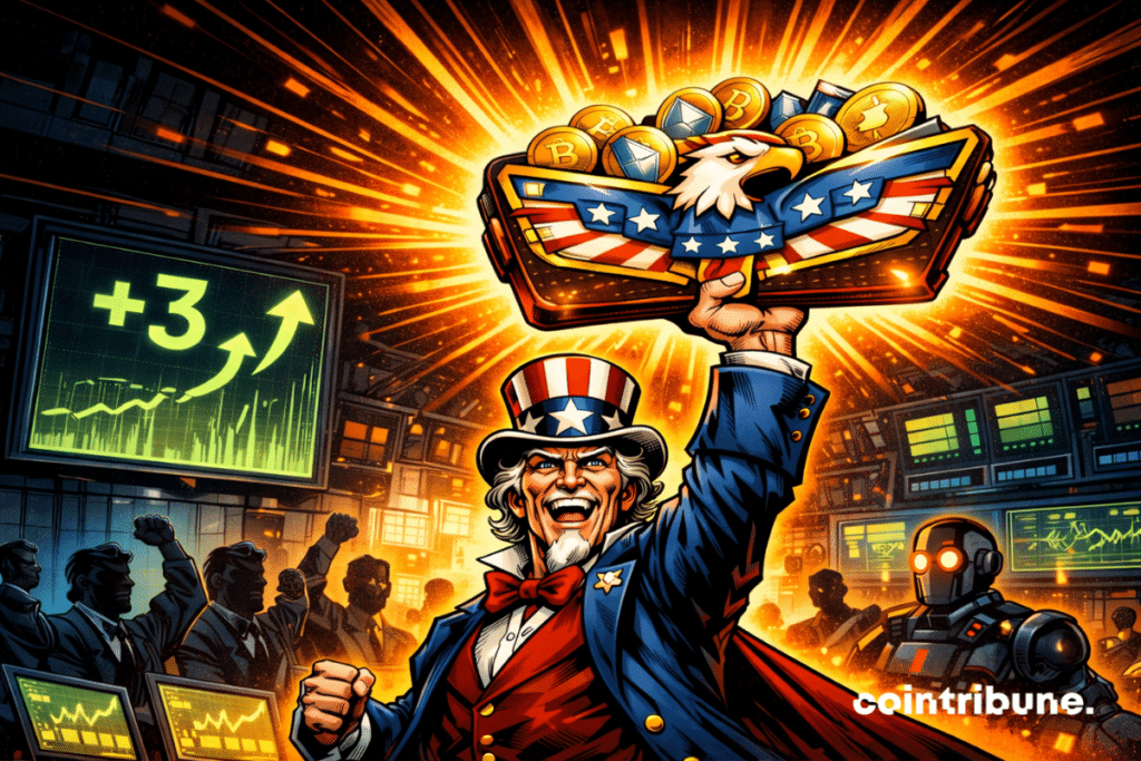El tío Sam levanta triunfalmente una billetera digital con forma de águila rebosante de criptomonedas, en una sala de operaciones futurista bañada en luz naranja, con una pantalla que muestra "+3" y comerciantes en el fondo.