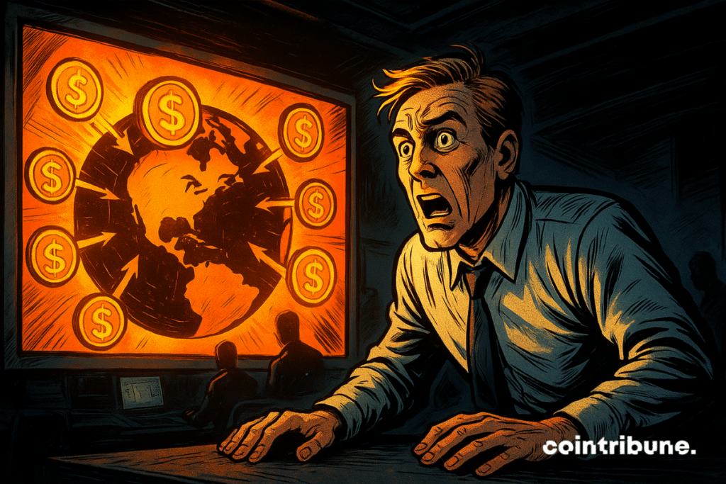 Un analyste de FMI paniqué observe un écran lumineux montrant un globe saturé de symboles stablecoins dollar, ambiance dramatique style comics années soixante-dix.