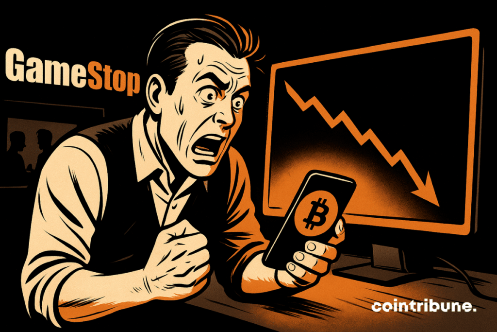 Panicked man in front of a screen displaying Bitcoin's fall, smartphone in hand, dark atmosphere, 70s comic book style, dramatic orange light.