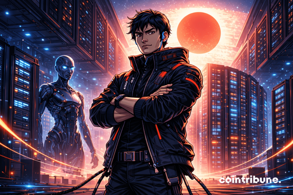 A confident young man in futuristic tactical gear stands in front of glowing data servers, with a humanoid AI robot beside him. A large red sun glows in the background, symbolizing Japan. The setting is a high-tech data center with blue and orange lighting, emphasizing artificial intelligence and advanced computing.